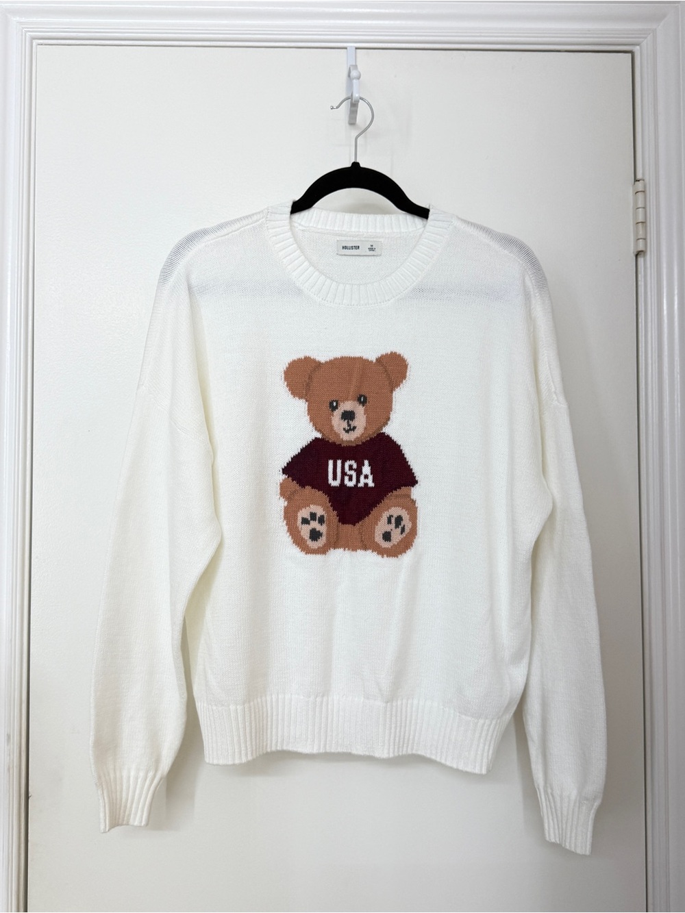 Hollister Womens White USA Teddy Bear Crew Neck Knit Sweater Size M